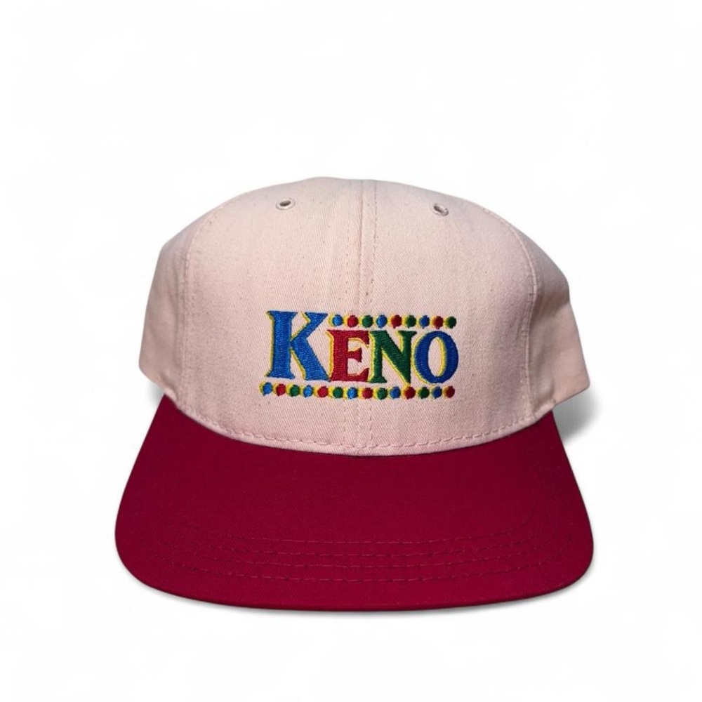 Vintage 80s 90s Keno lottery embroidered snapback hat cream red made in USA